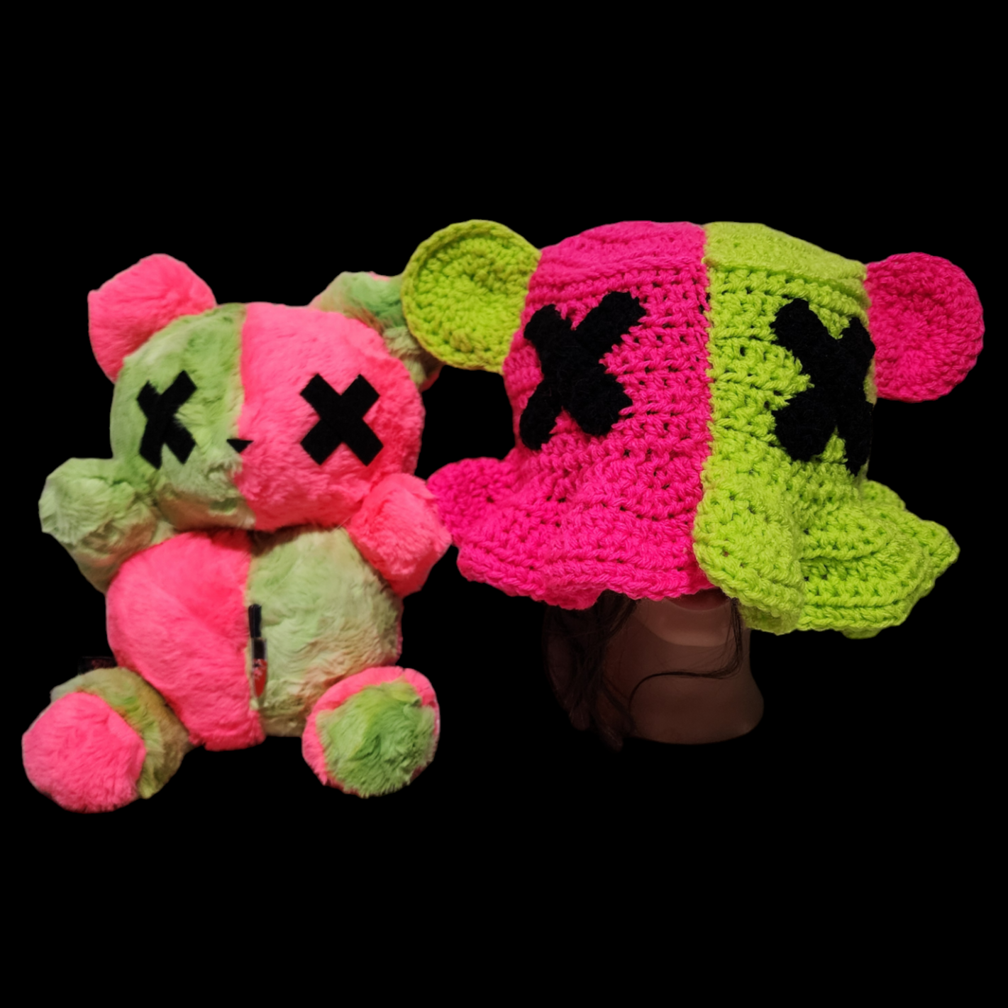 VENOMDOLLS X KRACKENSGIRL KREATIONS- Deady Bear Bucket Hat & Plush: Lime  and Neon Pink Set